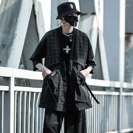 Men's Casual Shirts Plaid Ribbons Hip Hop Patchwork Taoist Robe Men Techwear Tactical Black Summer Loose Vintage Letter Embroidery