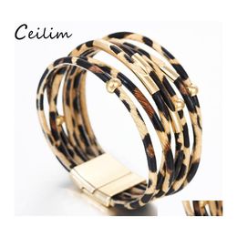 Chain Bohemian Leopard Leather Bracelets For Women Men Trendy Bracelet Bangles Elegant Handmade Mtilayer Wrap Wide Wristband Drop De Dhmuy