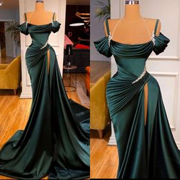 Glamorous Prom Dresses Mermaid Bateau Draped Ruffle Design Off the Shoulder Pearl Halter Backless Hign Split Court Gown Custom Made Evening Dress Plus Size Robes