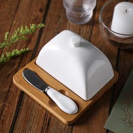 Plates Creative Butter Dish Set Bamboo With Ceramic Cover Knife Western Cheese Box