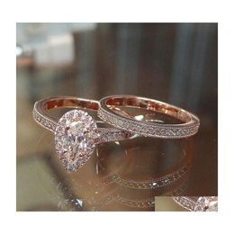 Band Rings Fashion Rose Gold Plated Design 2Pcs Cz Women Engagement Wedding Ring Set Drop Delivery Jewellery Dhdzs