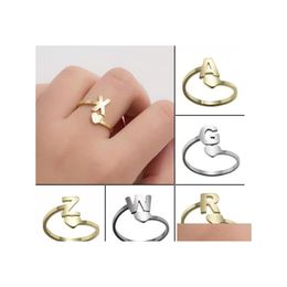 Band Rings Az 26 Letter Stainless Steel Open Love Heart Shaped Gold Engagement Wedding Jewelry For Men Women Drop Delivery Ring Dhko5