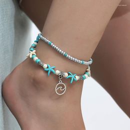 Anklets Boho Bohemian Vintage Multiple Starfish Turquoises Beads Wave Charm Anklet For Women Shell Ankle Bracelet Barefoot Beach Jewellery