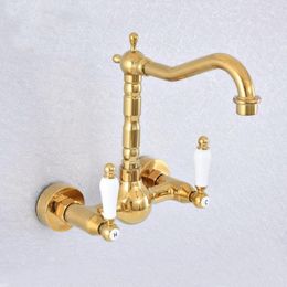 Bathroom Sink Faucets Golden Brass Dual Handle Double Hole Faucet Wall Mounted Swivel Kitchen Cold And Water Mixer Tap 2sf608