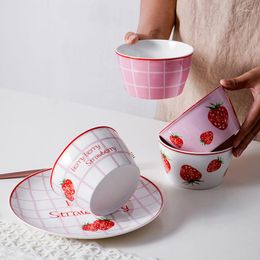 Bowls Dish Set Rice Bowl Household Lovely Creative Personality Student Ceramic Tableware Net Red Ins Strawberry Single