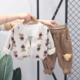 2023 Spring Autumn Children Girls 3PCS Clothing Set Cardigan Jacket Cartoon Bear T-shirts Pants Baby Boys Sports Suit