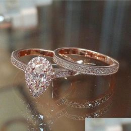 Band Rings Fashion Rose Gold Plated Design 2pcs Cz Women Engagement Wedding Ring Set Drop Delivery Jewelry Dhdzs QXFB