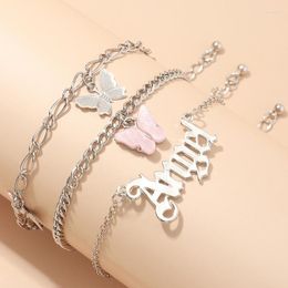 Anklets Summer Beach Ankle Bracelet Girls Butterfly Angle Letter Alphabet Pink Pendant Alloy Multilayer Foot Jewelry For Womens