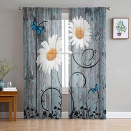 Curtain Daisy Retro Wood Grain Butterfly Tulle Window Treatment Sheer Curtains For Kitchen Living Room The Bedroom Decoration