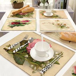 European Retro Flowers Place Mats Heat Insulation Non Slip Table Mat Linen Flower Tableware Pad Home Decoration Coaster Manteles Individuales De Flores Retro