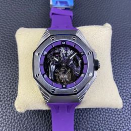 Real Luxury Sale Watch Limited Tourbillon Men's Sports Watch Cool Purple Rubber Strap Sapphire Glass Hollowed Out Dial 44mm Size CDQL