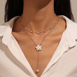 Korean Gold Colour Multi-layers White Flower Pendant Necklace Simulated Pearl Beads Long Tassel Chocker Party Jewellery