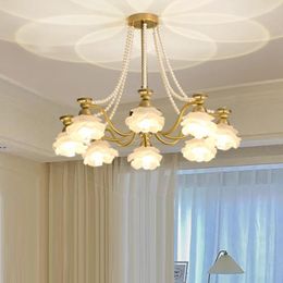 Chandeliers Living Room Brass Chandelier Lighting French Retro Bedroom Restaurant Glass Rose Pearl Light Ceiling Shadow Lamp