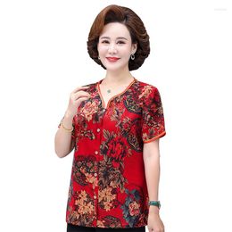 Women's Blouses Brand Quality Women Shirt Elegant Office Button Up Short Sleeve Shirts Imitation Silk Satin Middle Aged Female Tops