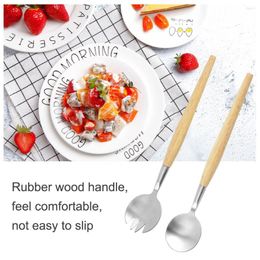 Flatware Sets Stainless Steel Spoon Fork Set Portable Handheld Rubber Wood Handle Kitchen Canteen Dinnerware Vegetables