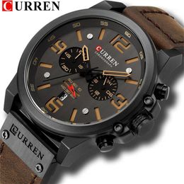 CURREN New Fashion Mens Watches Top Big Dial Quartz Watch Leather Waterproof Sport Chronograph Watch Men1290r