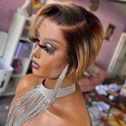 Pixie Cut Wig Human Hair Ombre Blonde Short Bob Straight Wig For Black Women Transparent Lace Frontal Brazilian