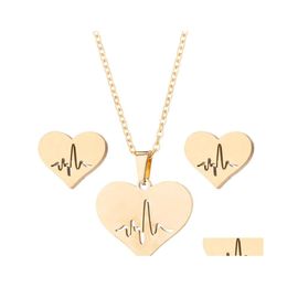 Earrings Necklace Fashion Stainless Steel Love Heart Women Gold Heartbeat Stud Jewellery Sets For Girls Wedding Drop Delivery Dhvio