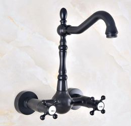 Bathroom Sink Faucets Black Finish Brass Double Handle Dual Hole Wall Mount Basin Faucet Kitchen Cold And Water Mixer Tap Dnf465