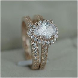 Band Rings Fashion Rose Gold Plated Design 2pcs Cz Women Engagement Wedding Ring Set Drop Delivery Jewelry Dhdzs 7SPZ