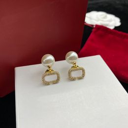 Vintage Diamond Pearl Earrings Women Letters Designer Studs Golden Rhinestone Eardrops With Box