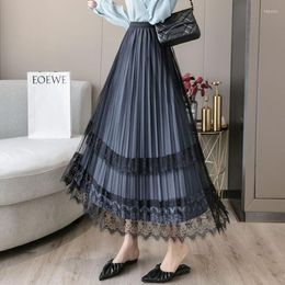 Skirts Gold Velvet Pleated Elegant Party Ladies Autumn Fashion High Waist Lace Mesh Patchwork A-line Maxi Skirt For Women Q163