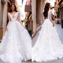 Glamorous A-line Wedding Dresses V-neck Long Lace Sleeves 3D-Floral Applicants Backless Thin Waistband Court Gown Dress Custom Made Plus Size Vestidos De Novia