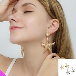 Stud Earrings Wholesale 10 Golden Starfish Alloy Inlaid Pearl Ladies Girl Fashion Jewellery Gift 2 Colours 2022