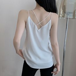 Women's Tanks Shintimes Summer Casual Tops For Women Crop 2022 Sexy Sleeveless White Camisoles Pullover Chiffon Loose Tank Top Clothes Black