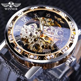 Winner Black Golden Retro Luminous Hands Fashion Diamond Display Mens Mechanical Skeleton Wrist Watches Top Brand Luxury Clock268B