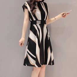 Casual Dresses 2022 Fashion Women's Striped Short Sleeve A Line O-neck Midi Length Dress Daily Evening Party Slashes With Belts Py