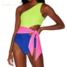 Sexy Women One-piece swimsuit One shoulder Colour splicing Hollow out Design swimwear qj2027 summer fashion sporty beach suit