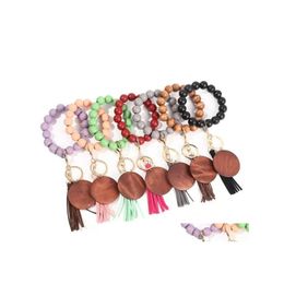 Keychains Lanyards Tassel Beaded Wooden Bracelet Diy Wood Key Rings With Fringe Keychain For Women 13 Colours Drop Delivery Fashion Dhgvt