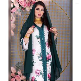 Ethnic Clothing Rose Printed Dubai Abaya Jalabiya Women Braid Trim Crochet Lace Long Sleeve Muslim Maxi Dress Arab Kuwait Islamic Clothes