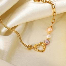 Link Bracelets Gold Plated Colourful Pearl Bracelet Creative Stainless Steel Asymmetric Heart Charm For Women Luxury Party Jewellery