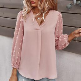 Men's T Shirts Women's Bubble Sleeves Blouses Solid Colour Slim V-collar Long-sleeved Blouse Spring Elegant V-neck Chiffon