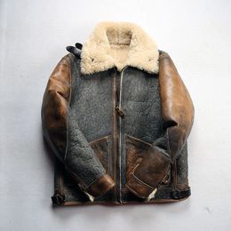 American style D3 genuine sheepskin leather Bomber jackets RRL flight suit retro double face fur suits pockets vintage Lapel neck thicked ykk zipper