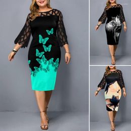Casual Dresses Womens Dress Elegant Office Lady Knee-length O Neck 3/4 Sleeve Floral Print Mesh Patchwork Bodycon Party