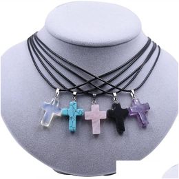 Pendant Necklaces Natural Crystal Pendants Stone Trendy Cross Leather Chains Necklace For Women Fashion Yoga Healing Jewellery Drop Del Dhbtn