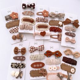 4Pcs/Set Chocolate Color Hair Clips For Girls Hairpins Bowknot Knit Kids Headwear Plaid Dots Printed Barrettes Hair Accessories