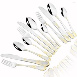 Flatware Sets 304 Stainless Steel Dinnerware High Grade Knife Fork Spoons Cutlery Kits Gold Plated Floral Pattern Tableware Drop
