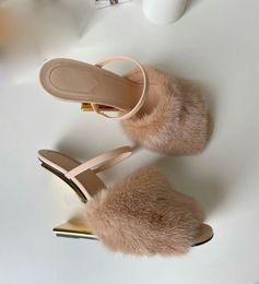 Winter Brand First Women Sandals Shoes Fur Strap Gold-colored F-shaped Sculpted Heels Lady Wedge & Mules Sexy Peep Toe Slippers EU35-43