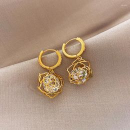 Hoop Earrings Korean Gold Color Hollow Rose For Women Fashion Simple Crystal Circle Huggies Wedding Ear RingS Studs Jewelry Gift