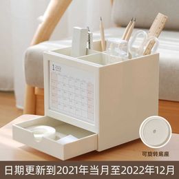 Creative Calendar 2022 Rotate Desk Pen Holder top Organizer Stationery Storage Business Office Decoration