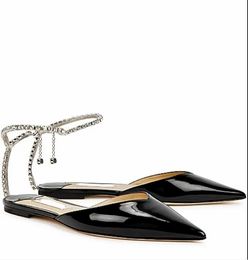 Luxury brand design sandal flats Women dress shoes SAEDA FLAT lady shoes Saeda sexy pointe toe slingback and strass ankle strap chain rhinestone with box
