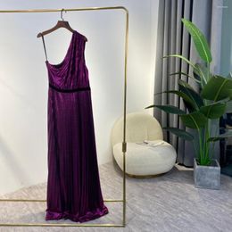 Casual Dresses 2022 Latest Summer Ladies High Quality Sexy Shining Folds Design Asymmetric Sleeve Solid Purple Party Midi Women