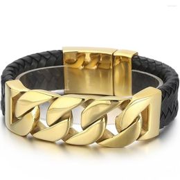 Link Bracelets Braided Leather Bracelet For Men Accessories Luxury Gold Plated Stainless Steel 24MM Curb Chain Man Friends