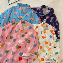 Women's Blouses Candy Color Love Shape Graphic Button Up Shirt For Men Women Teens Kawaii Beach Loose Casual Summer Large 2XL Short Sleeve