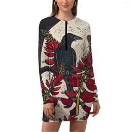 Casual Dresses Flower Bird Full Printed Women's Tight Slim Fit Standing Collar Long Sleeve Dress Zipper Sexy A-line Short Skirt