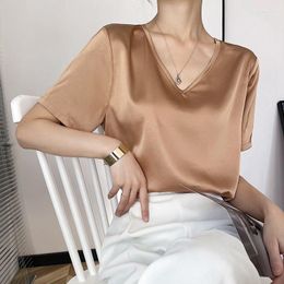 Women's T Shirts Women's T-shirt Solid Colour Satin Short Sleeve T-shirts Office Lady Silk Korean Style V-neck Loose Tops Women 2022